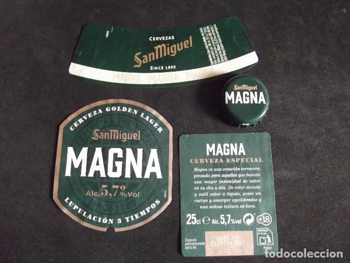 Collectionnisme de bi&egrave;res: CERVEZA-V9F-6-ETIQUETAS Y CHAPA-SAN MIGUEL-MAGNA.