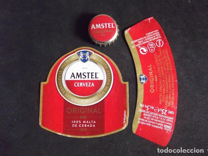 Collectionnisme de bi&egrave;res: CERVEZA-V9F-6-ETIQUETAS Y CHAPA-AMSTEL-ORIGINAL