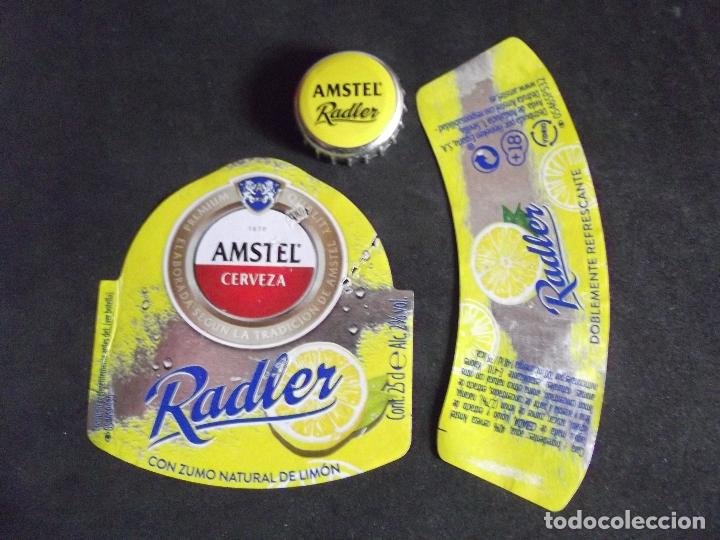 Collectionnisme de bi&egrave;res: CERVEZA-V9F-6-ETIQUETAS Y CHAPA-AMSTEL-RADLER