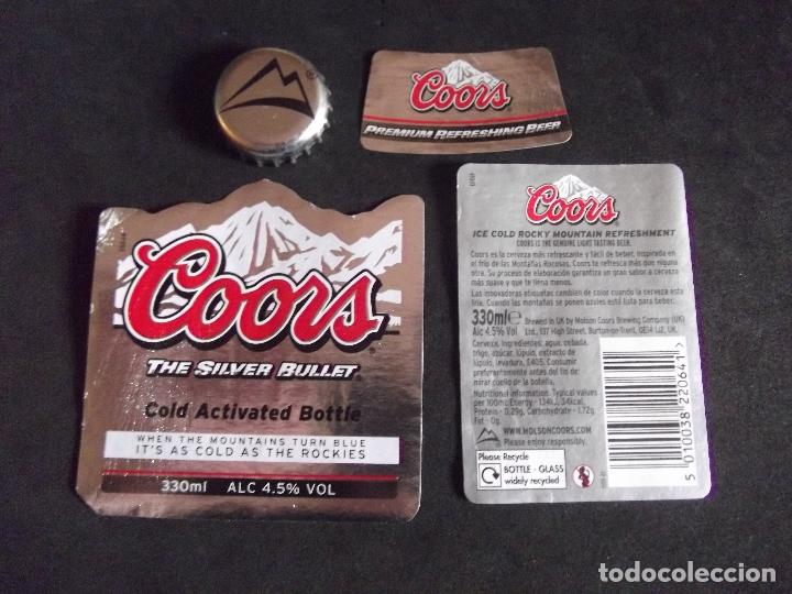 Collectionnisme de bi&egrave;res: CERVEZA-V9F-8-ETIQUETAS Y CHAPA-COORS-THE SILVER BULLET