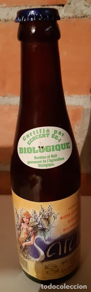 Collectable Beer: BOTELLA CERVEZA VAC&Iacute;A Y CON CHAPA GENERICA DE COLOR SARA BIOLOGIQUE