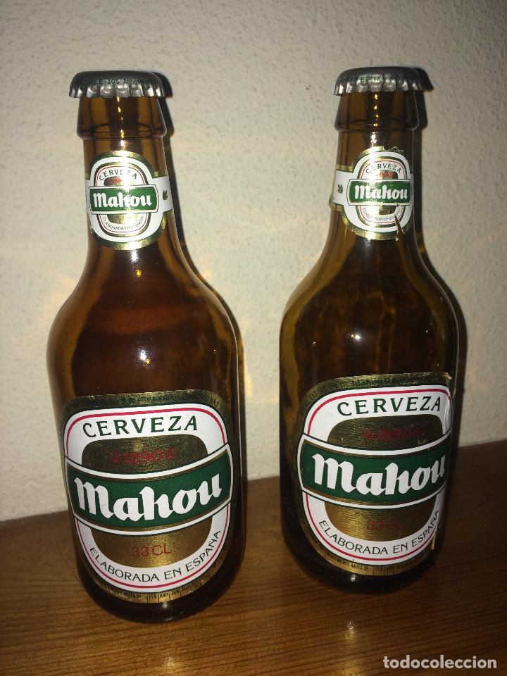 Coleccionismo de cervezas: 2 BOTELLINES DE 1/3 DE MAHOU - A&Ntilde;O 1991 - CON LAS CHAPAS