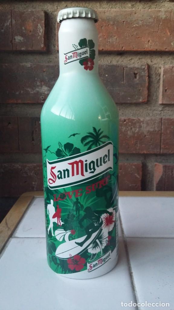 Coleccionismo de cervezas: Botell&iacute;n San Miguel Love surf aluminio lleno 2012 33cl