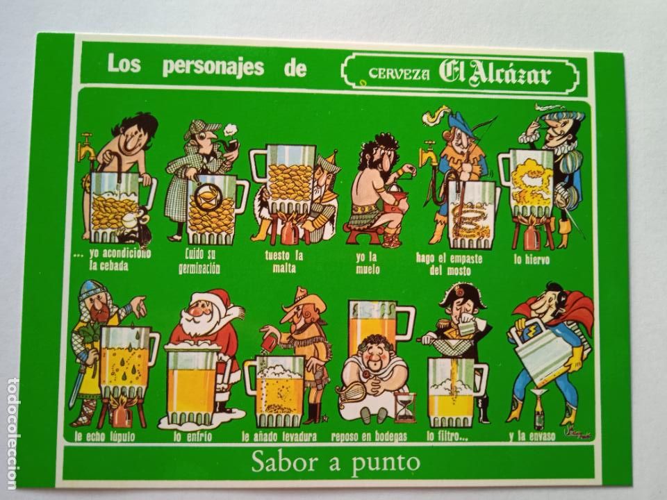Coleccionismo de cervezas: TARJETA POSTAL DE LOS PERSONAJES DE CERVEZA EL ALCAZAR. JAEN. ED. SOPROARGA, 1986. 11 X 15 CM APR