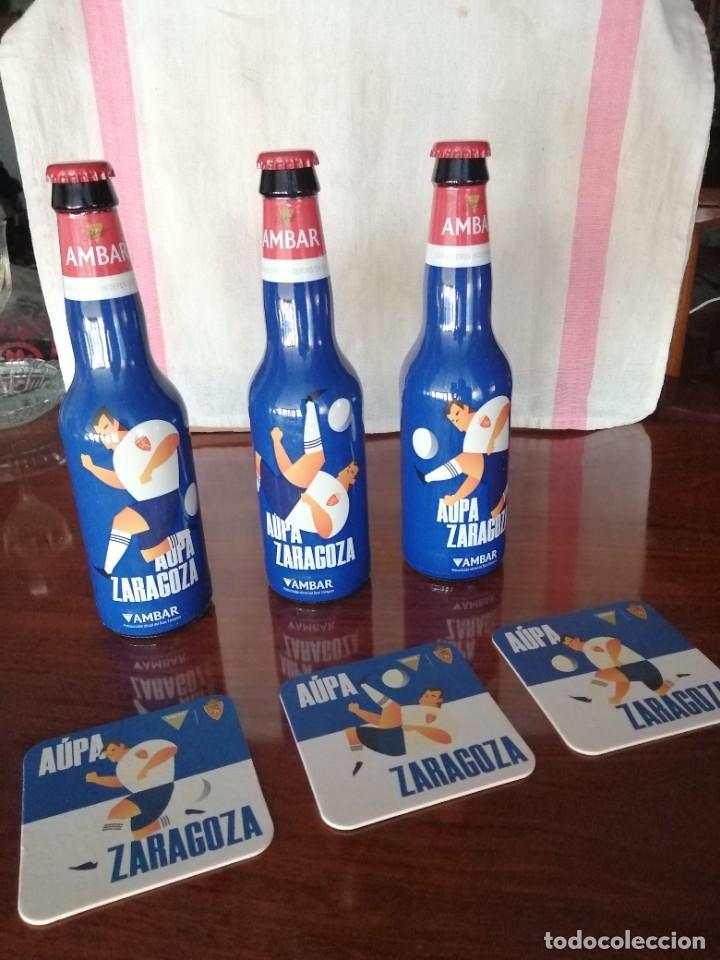 Coleccionismo de cervezas: 3 BOTELLAS AMBAR+POSAVASOS REAL ZARAGOZA