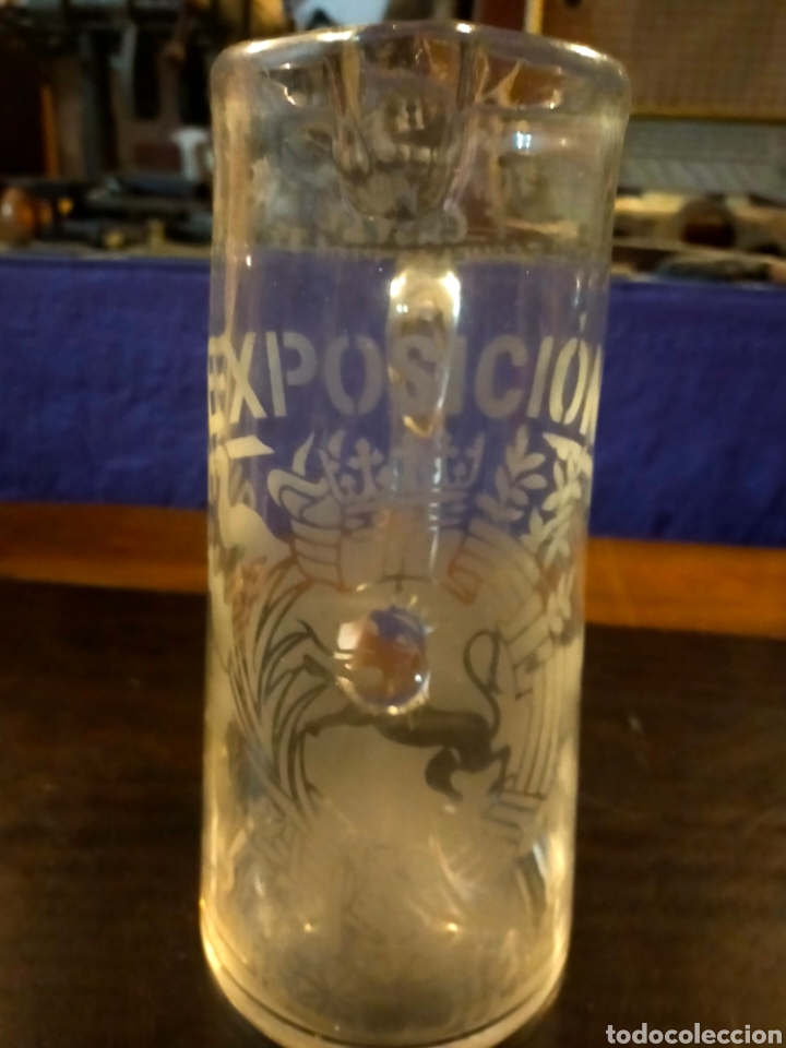 Coleccionismo de cervezas: Jarra de cerveza exposici&oacute;n hispano francesa Zaragoza 1908 grabada al acido