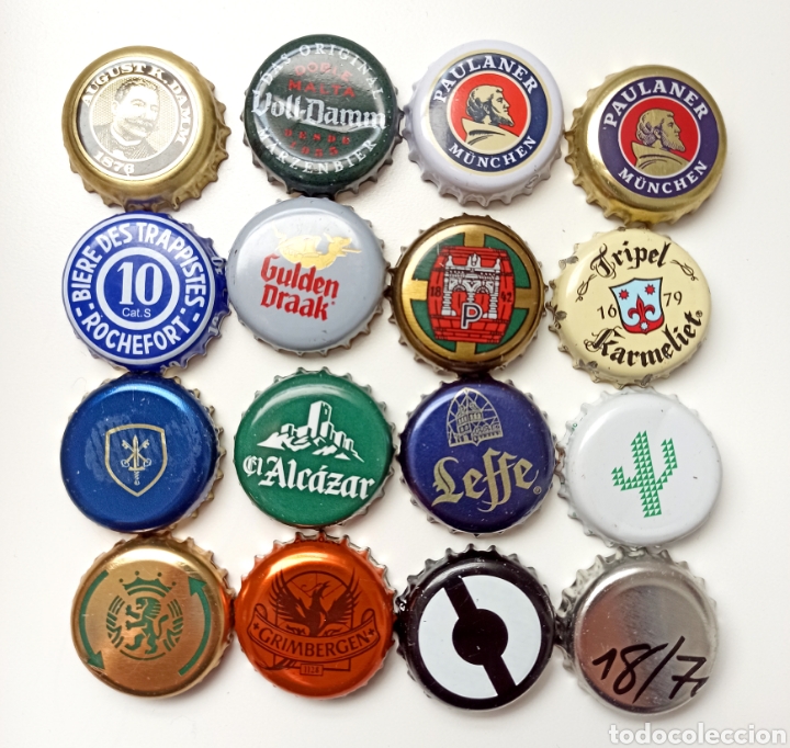 Coleccionismo de cervezas: Lote chapas 16 cervezas, Damm,Paulaner,Gulden Draak,Rochefort,Tripel Karmelite,el Alcazar,18/70,etc.