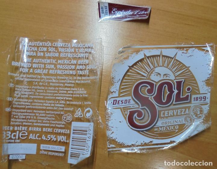 Coleccionismo de cervezas: ETIQUETA DE CERVEZA DELANTERA, TRASERA Y COLLAR&Iacute;N CERVEZA SOL ORIGINAL