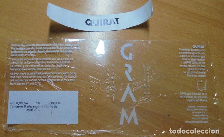 Coleccionismo de cervezas: ETIQUETA DE CERVEZA GRAM QUIRAT. DELANTERA Y COLLAR&Iacute;N