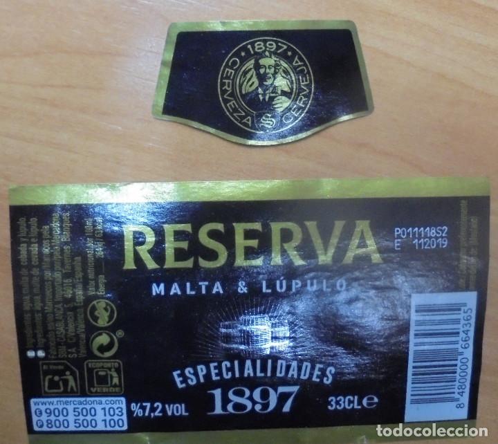 Coleccionismo de cervezas: ETIQUETA DE CERVEZA DELANTERA Y COLLAR&Iacute;N 1897 RESERVA MALTA & LUPULO