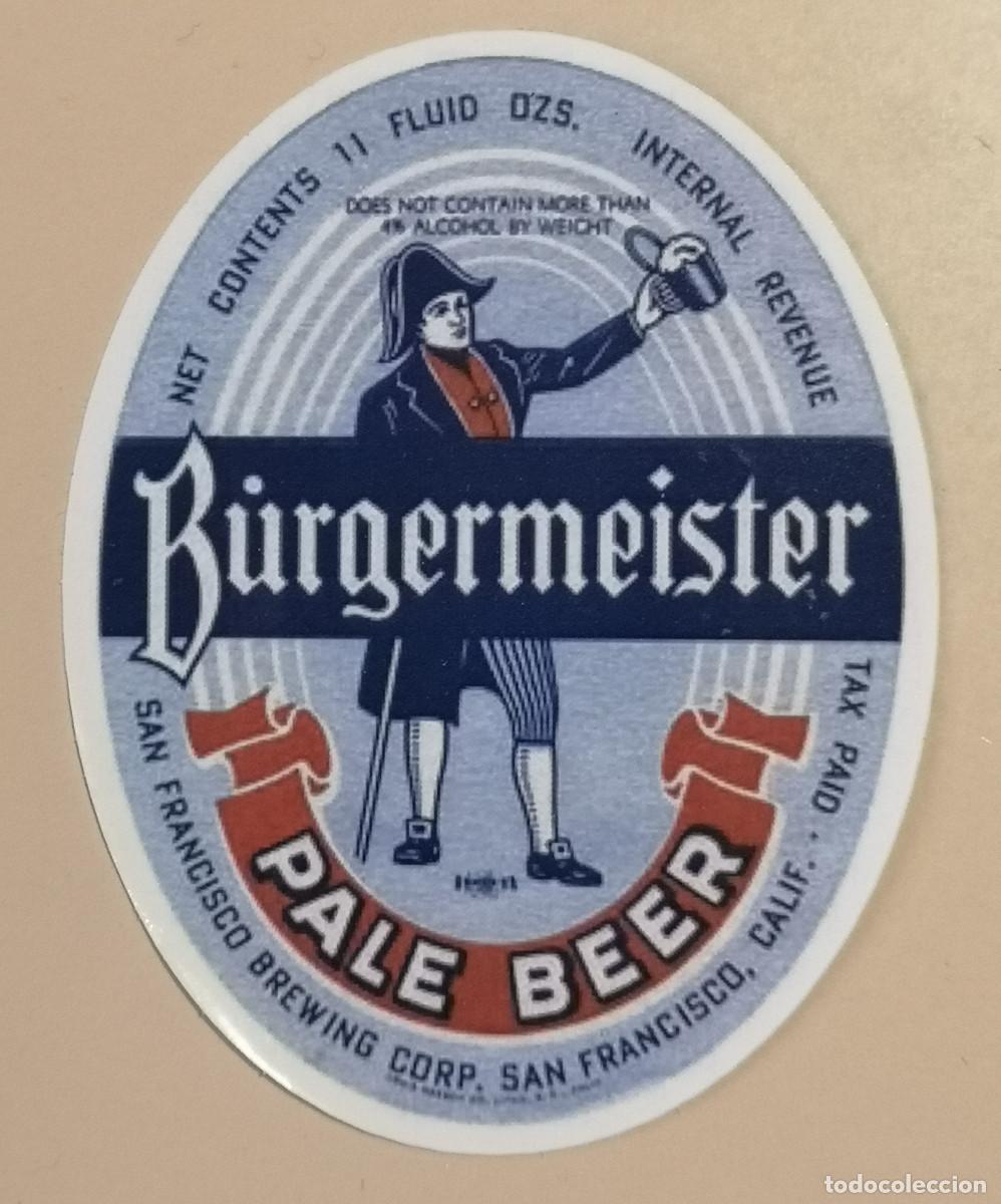 Coleccionismo de cervezas: ETIQUETA LOGO PLASTIFICADO - B&Uuml;RGERMEISTER PALE BEER - SAN FRANCISCO USA