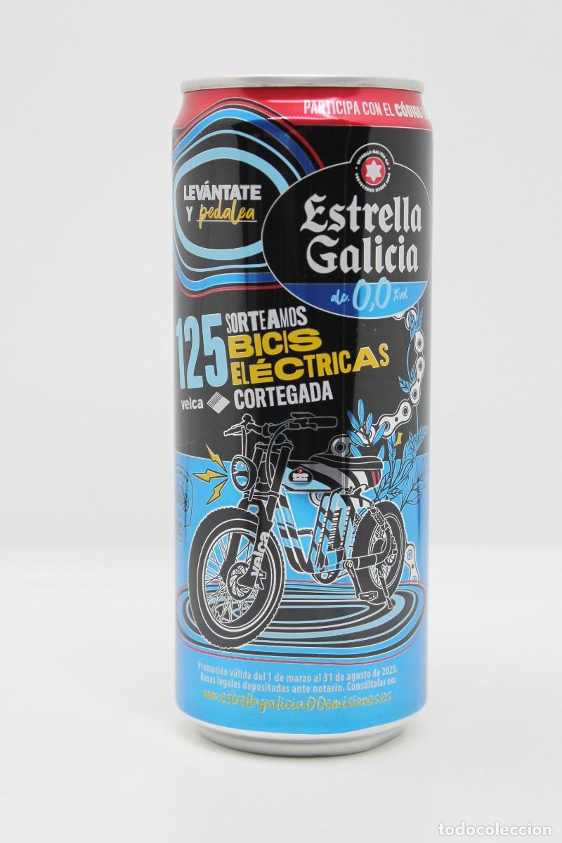 Coleccionismo de cervezas: lata LLENA cerveza ESTRELLA GALICIA 0,0 BICIS ELECTRICAS ESPA&Ntilde;A beer birra bier