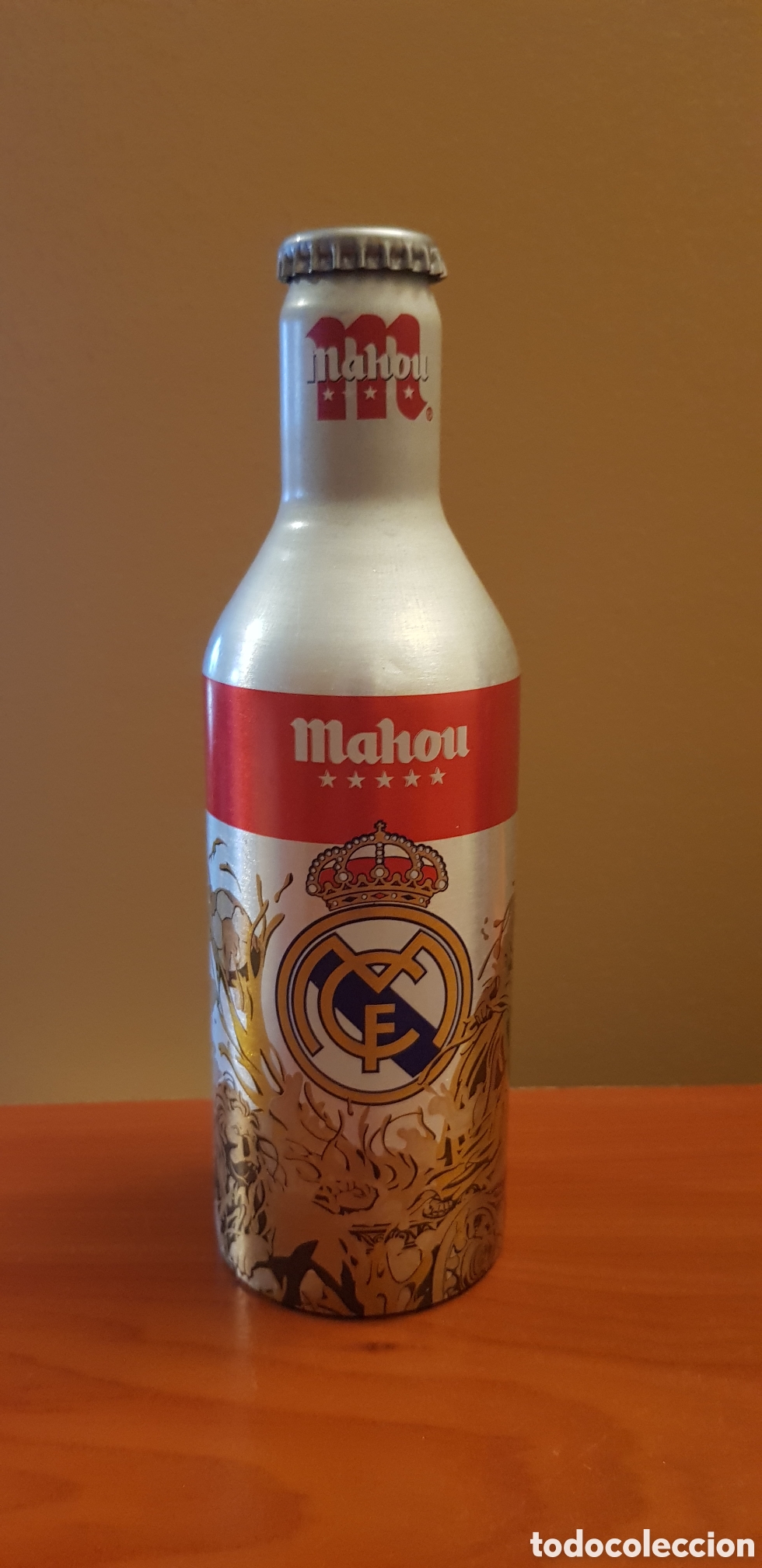 Coleccionismo de cervezas: Botella Mahou Real Madrid Cibeles Aluminio llena sin abrir