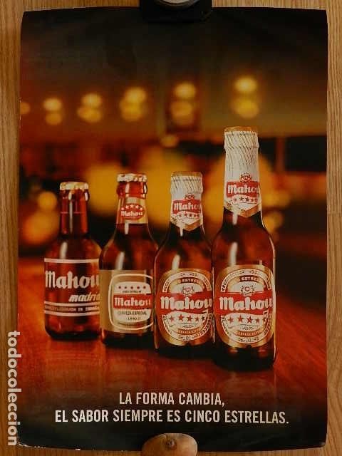 Coleccionismo de cervezas: Poster MAHOU cerveza botellines cartel La forma cambia sabor cinco estrellas publicidad