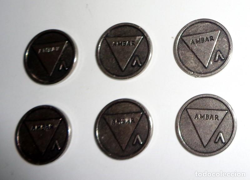 Coleccionismo de cervezas: 6 MONEDAS FICHAS AMARRACOS - CERVEZAS AMBAR LA ZARAGOZANA -