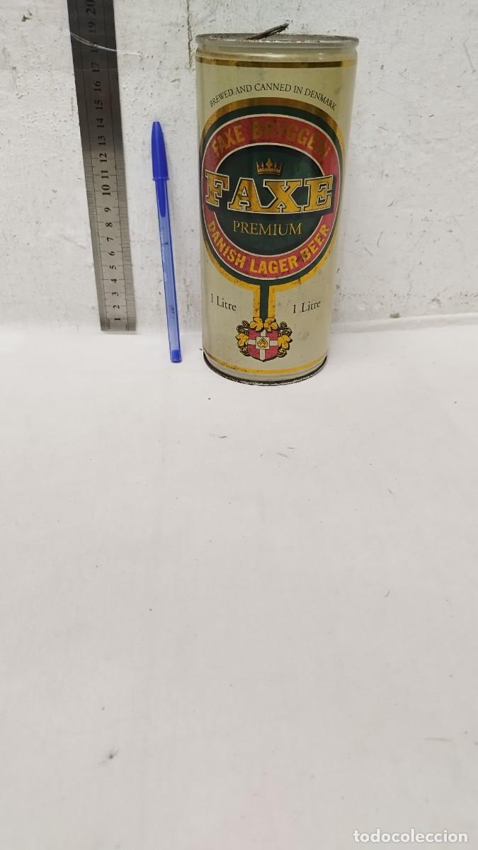 Colecionismo de cervejas: Antigua Gran lata de cerveza de 1 litro,Faxes premium. De dinamarca vac&iacute;a y abierta como se ve