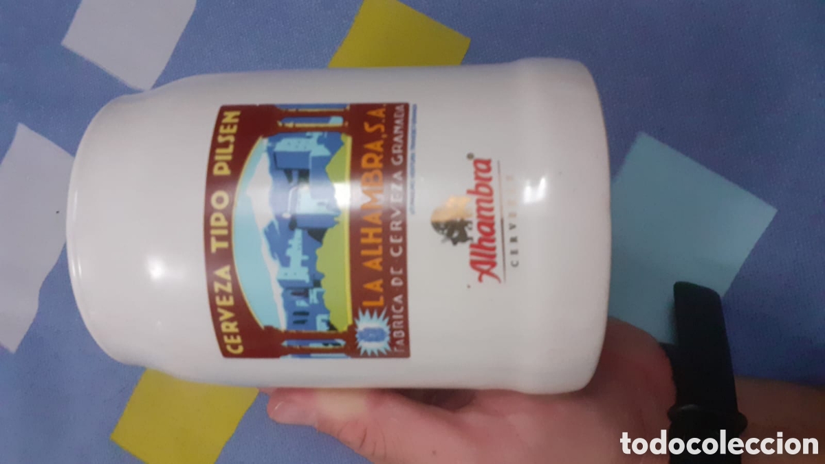 Coleccionismo de cervezas: Jarra cervezas Alhambra fallo de impresi&oacute;n