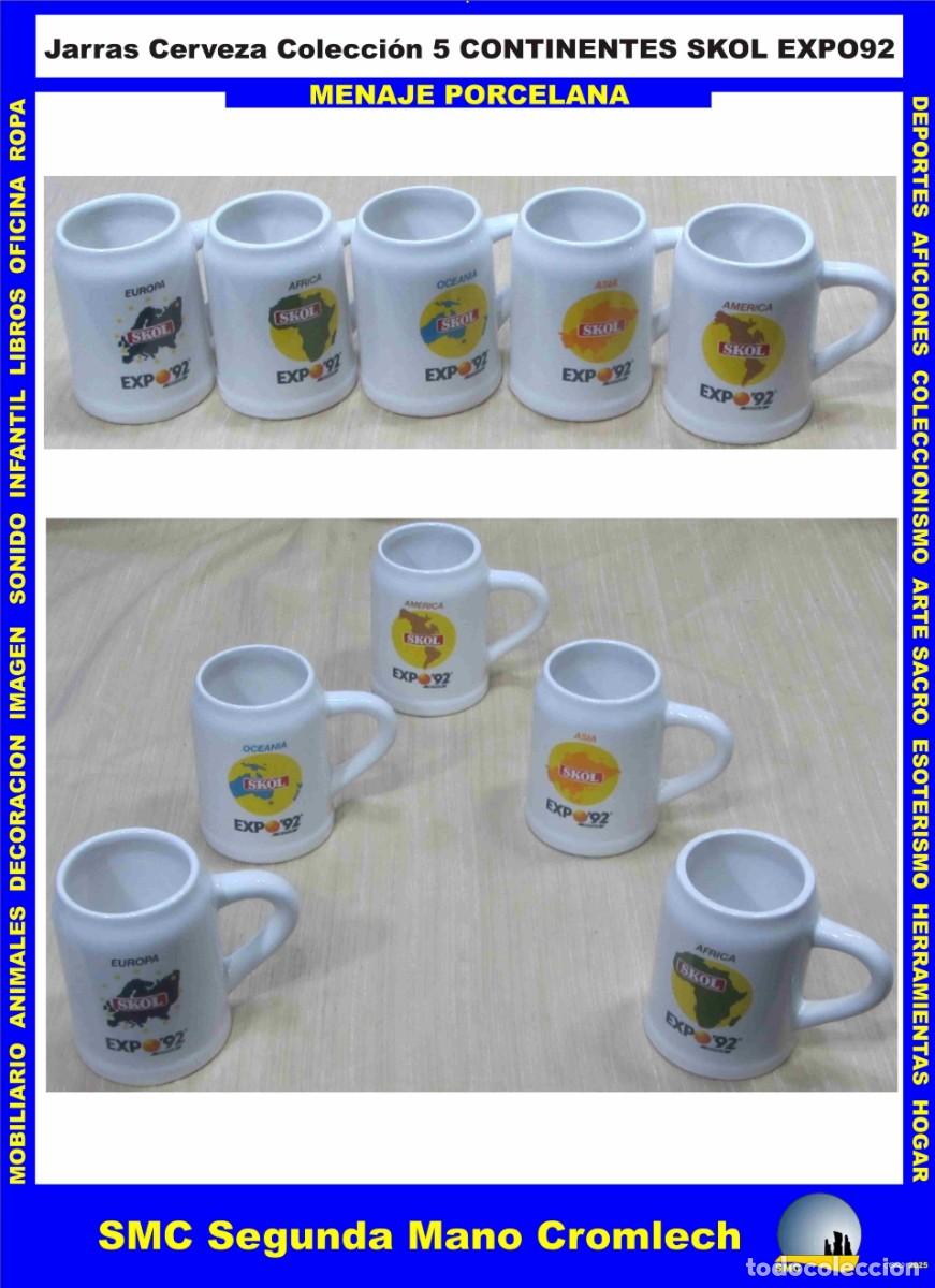 Coleccionismo de cervezas: Juego completo de 5 Jarras Porcelana Cerveza SKOL EXPO92, Asia, Africa, Ocean&iacute;a, Europa, Am&eacute;rica.