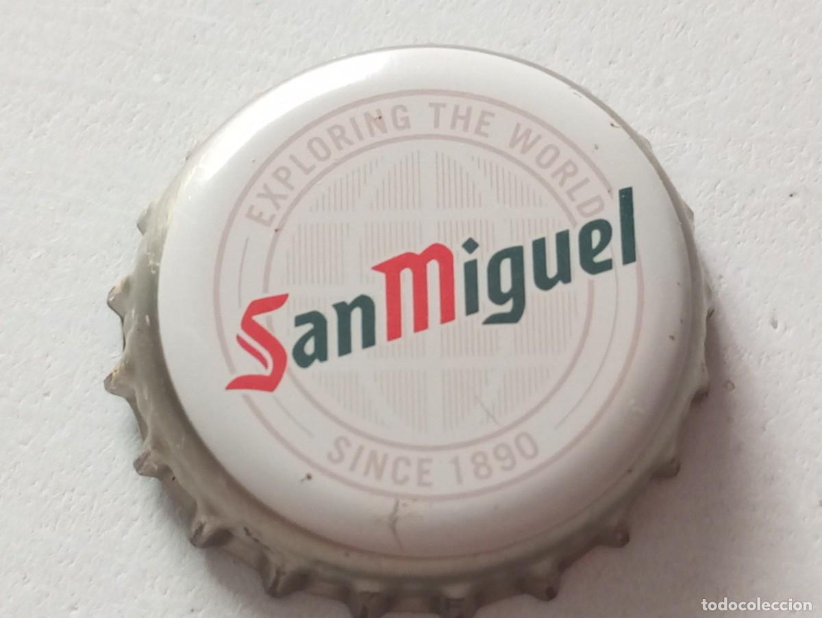 Collectionnisme de bi&egrave;res: Chapa tap&oacute;n corona de la cerveza espa&ntilde;ola SAN MIGUEL EXPLORING THE WORLD SINCE 1890