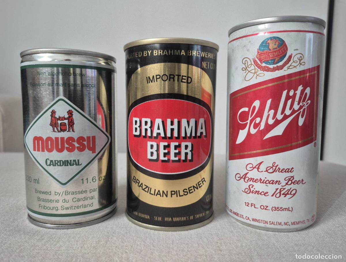 Coleccionismo de cervezas: Lot of three original beer cans Brahma Brasile, Moussy Svizzera, Schlitz USA
