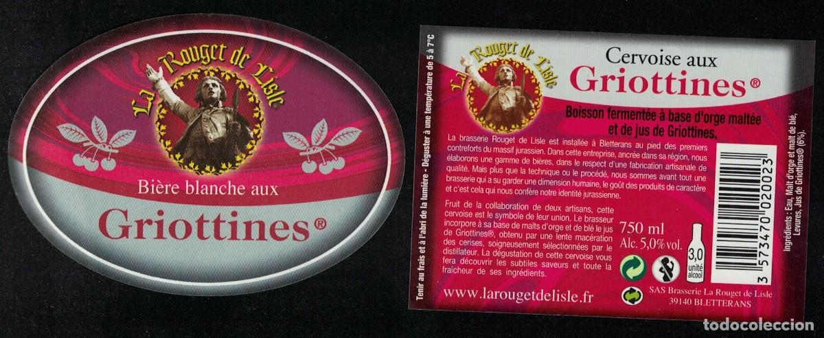 Colecionismo de cervejas: Francia Lot 2 Etiquettes Bi&egrave;re Beer Labels Blanche aux Griottines La Rouget de Lisle