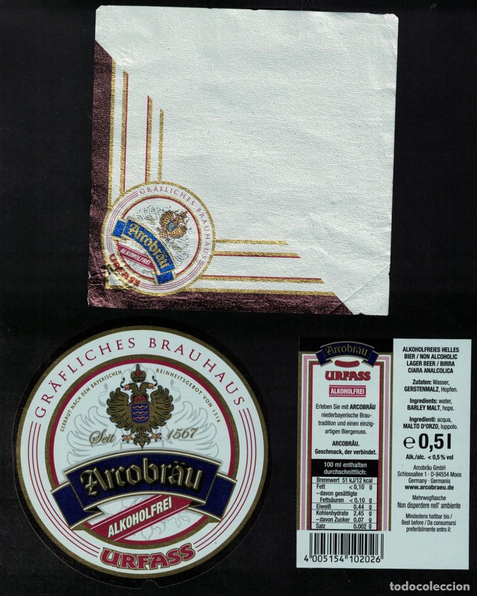 Collezionismo di birre: Alemania Lot 2 Etiquettes Bi&egrave;re et aluminium Foil Arcobr&auml;u Urfass Alkoholfrei