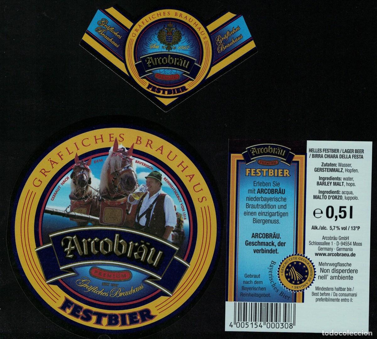 Sammeln von Brauereiartikeln: Alemania Lot 3 Etiquettes Bi&egrave;re Arcobr&auml;u Premium Festbier 0,5 L