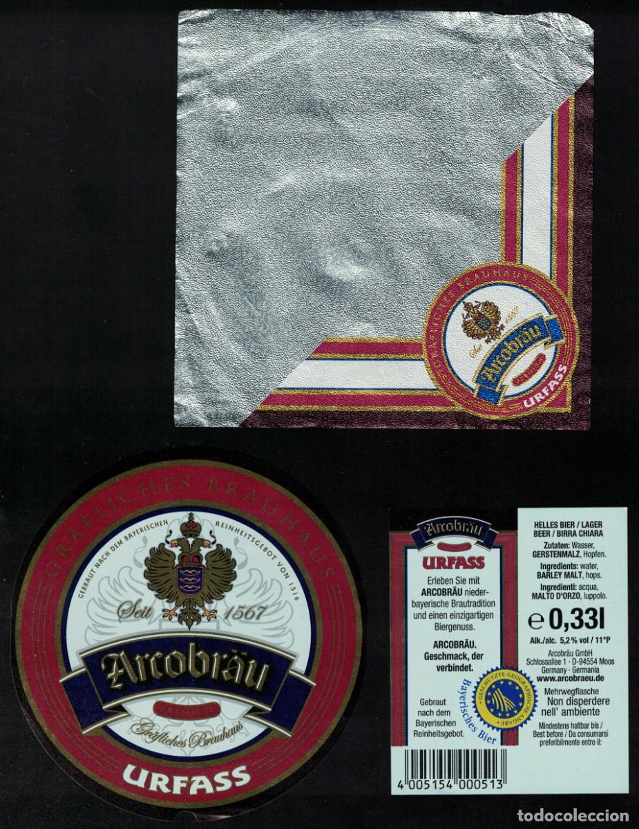 Sammeln von Brauereiartikeln: Alemania Lot 2 Etiquettes Bi&egrave;re et Aluminium Foil Arcobr&auml;u Premium Urfass