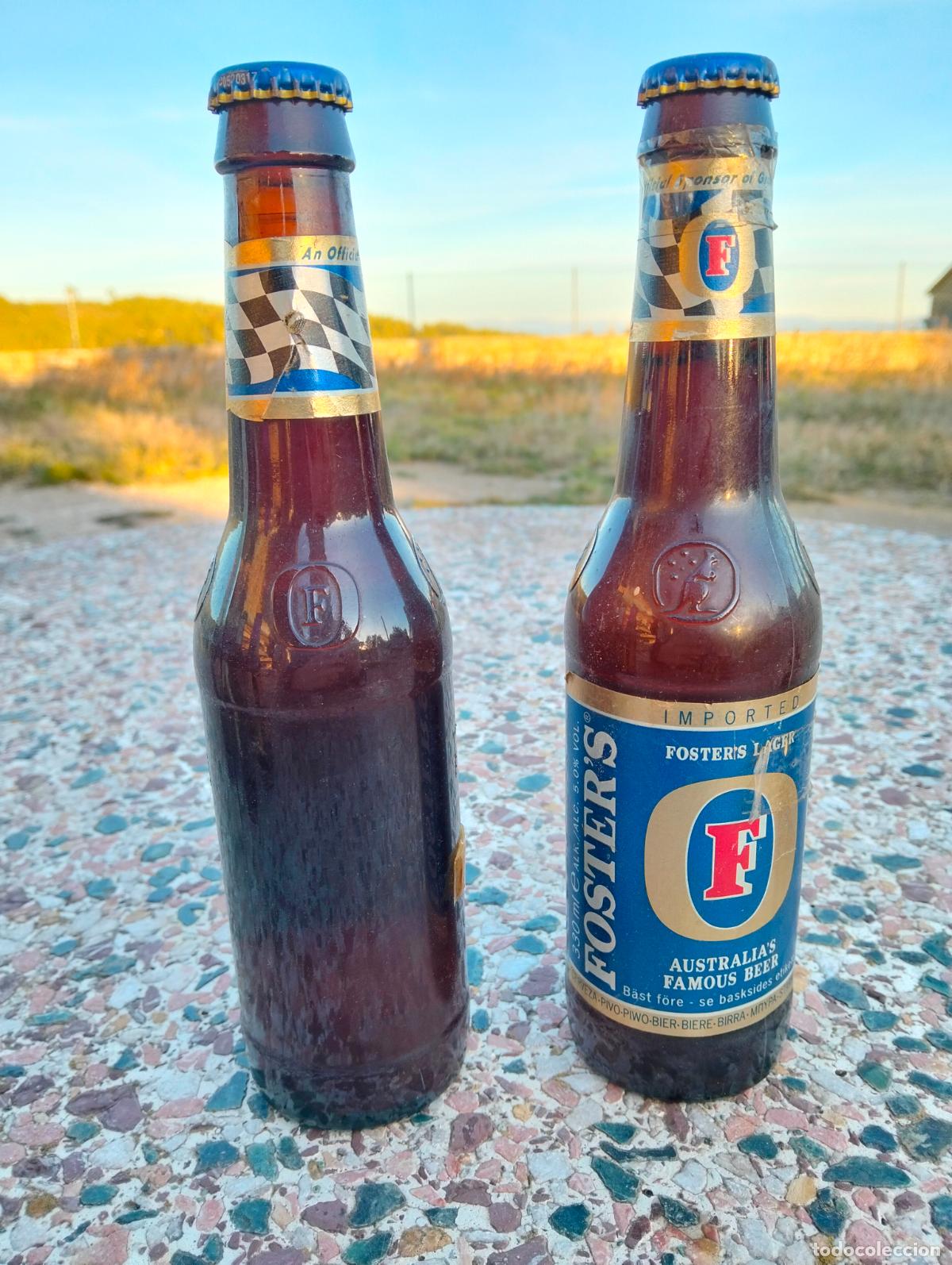 Sammeln von Brauereiartikeln: 2u Foster's lager Australia's famous beer botella de cerveza de cristal a&ntilde;os 90-2000 llena sin abrir