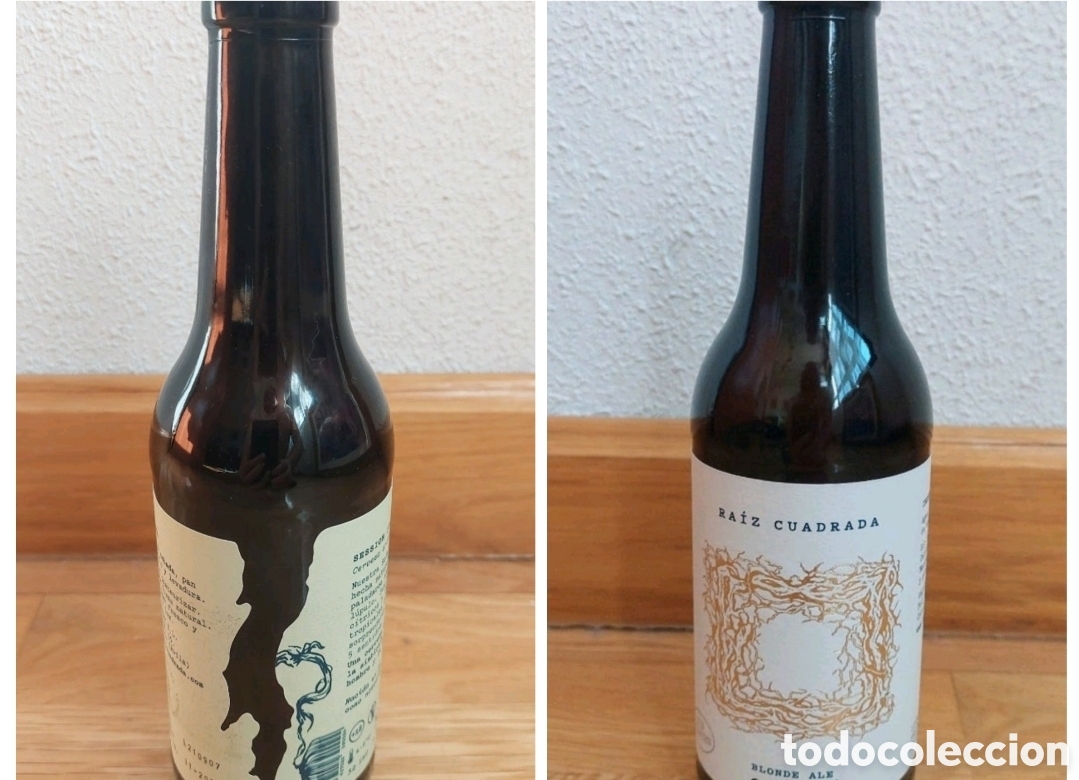 Colecionismo de cervejas: 2 Botellines vac&iacute;os de cerveza artesanal Ra&iacute;z Cuadrada con chapa