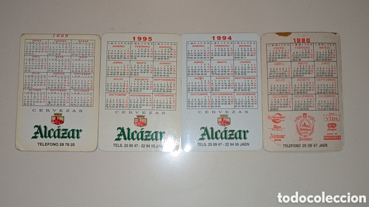 Coleccionismo de cervezas: Lote de 4 calendarios de Cerveza Alcazar a&ntilde;os 90-94-95-96