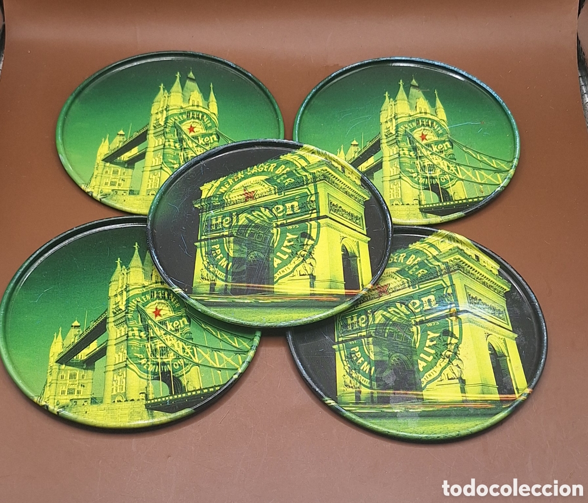 Coleccionismo de cervezas: Lote de 5 Posavasos Met&aacute;licos de Cerveza Heineken -