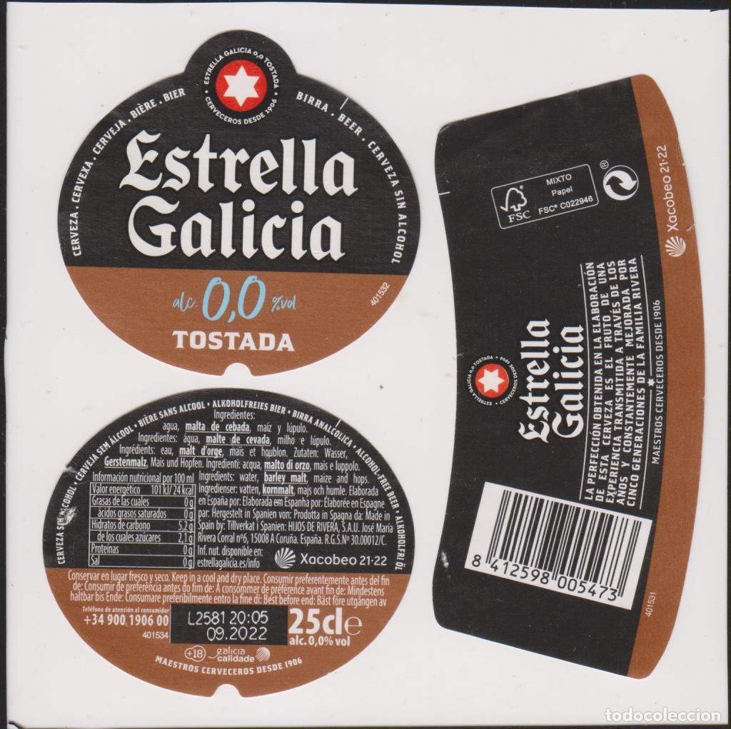 Coleccionismo de cervezas: etiqueta cerveza ESTRELLA GALICIA 0,0 TOSTADA XACOBEO 21-22 25cl beer labels bier birra SOY.YO