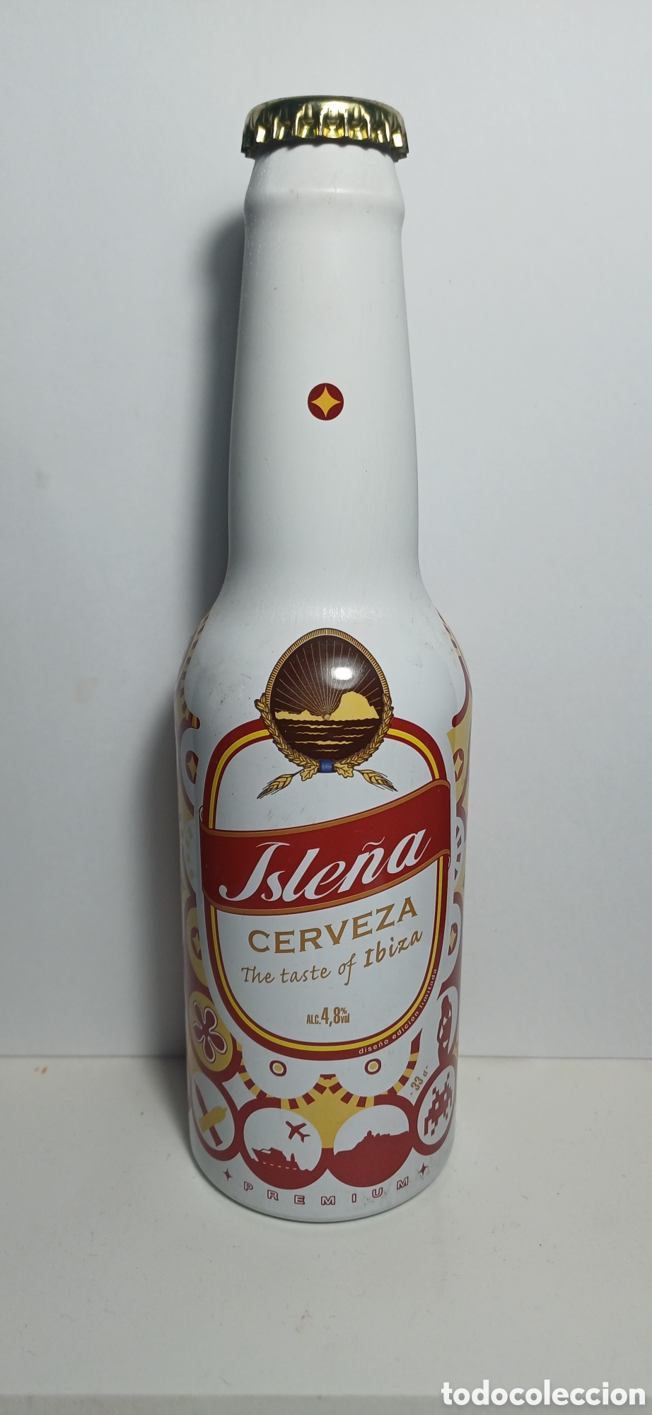 Coleccionismo de cervezas: Botella cerveza LLENA aluminio Isle&ntilde;a Ibiza 33cl 2010