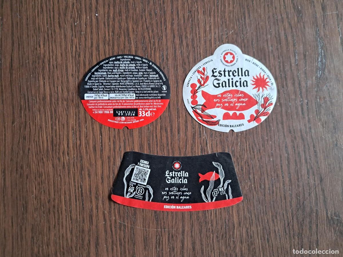 Coleccionismo de cervezas: etiquetas de botella de cerveza, estrella Galicia, edici&oacute;n Baleares.