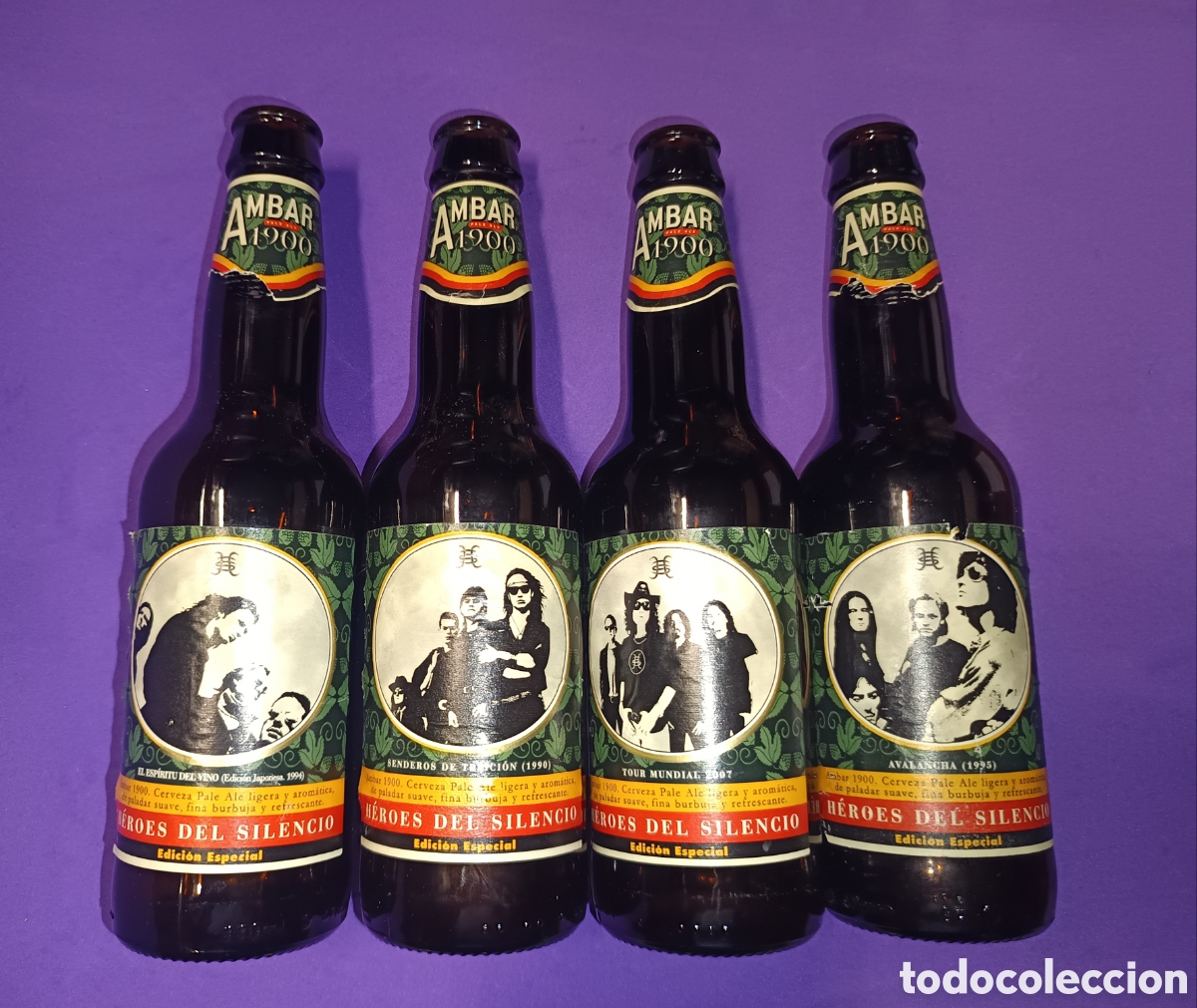 Coleccionismo de cervezas: Lote 4 botellas Ambar 1900 H&eacute;roes del Silencio