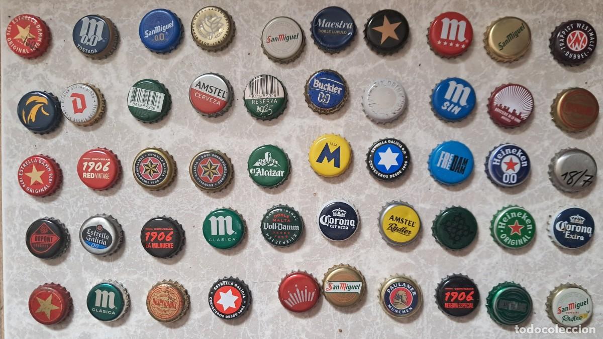 Coleccionismo de cervezas: lote de 50 chapas tap&oacute;n corona de cerveza, Damm, Estrella Galicia, San Miguel, Amstel, mahou ...