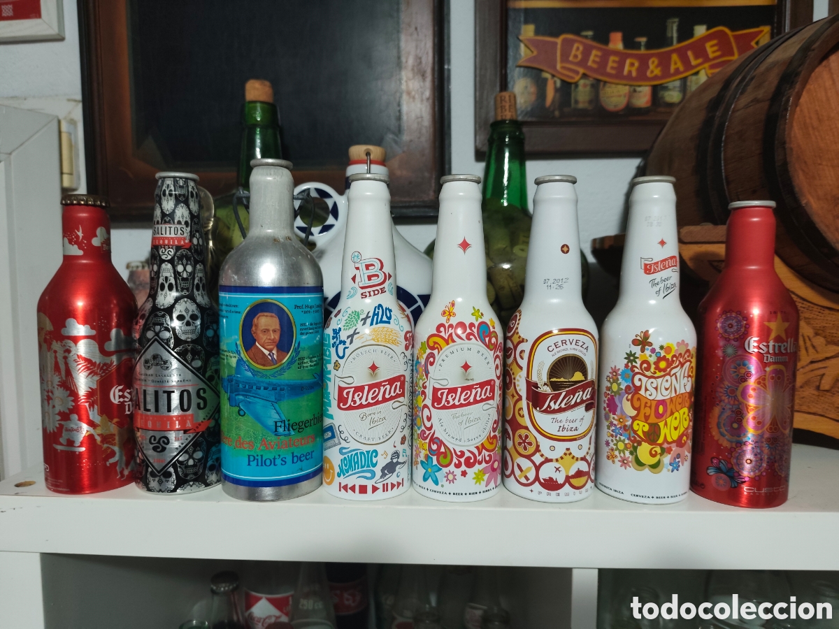 Coleccionismo de cervezas: Lote botellas cerveza aluminio vacias isle&ntilde;as