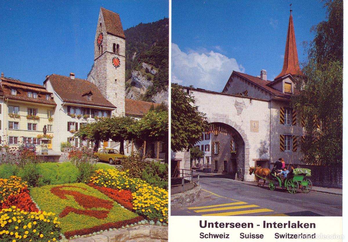 Coleccionismo de cervezas: postal tur&iacute;stica de Suiza regi&oacute;n de Unterseen - Interlaken Iglesia de Unterseen Stadttor mit Kutsche