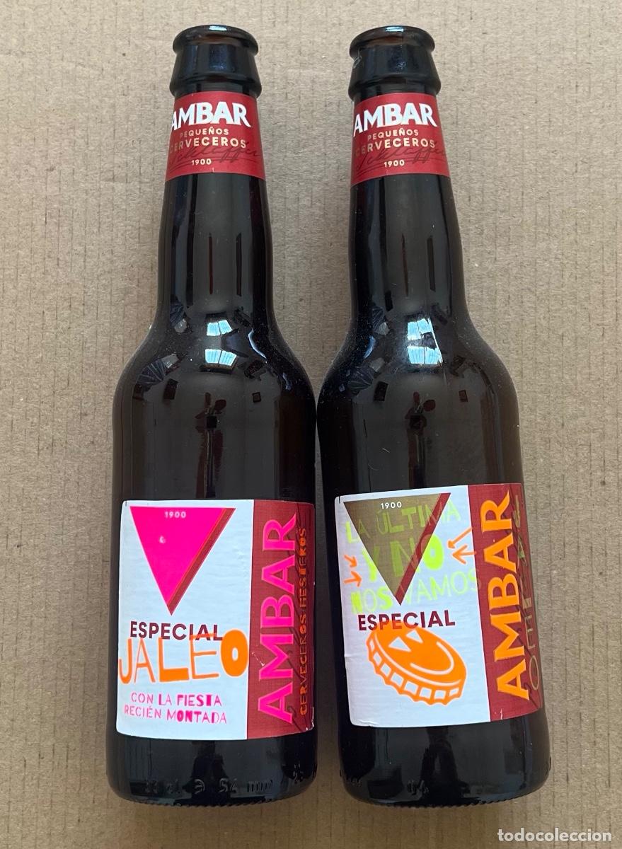 Coleccionismo de cervezas: 2 botellas vac&iacute;as edici&oacute;n limitada cerveza AMBAR JALEO etiquetas fosforescentes