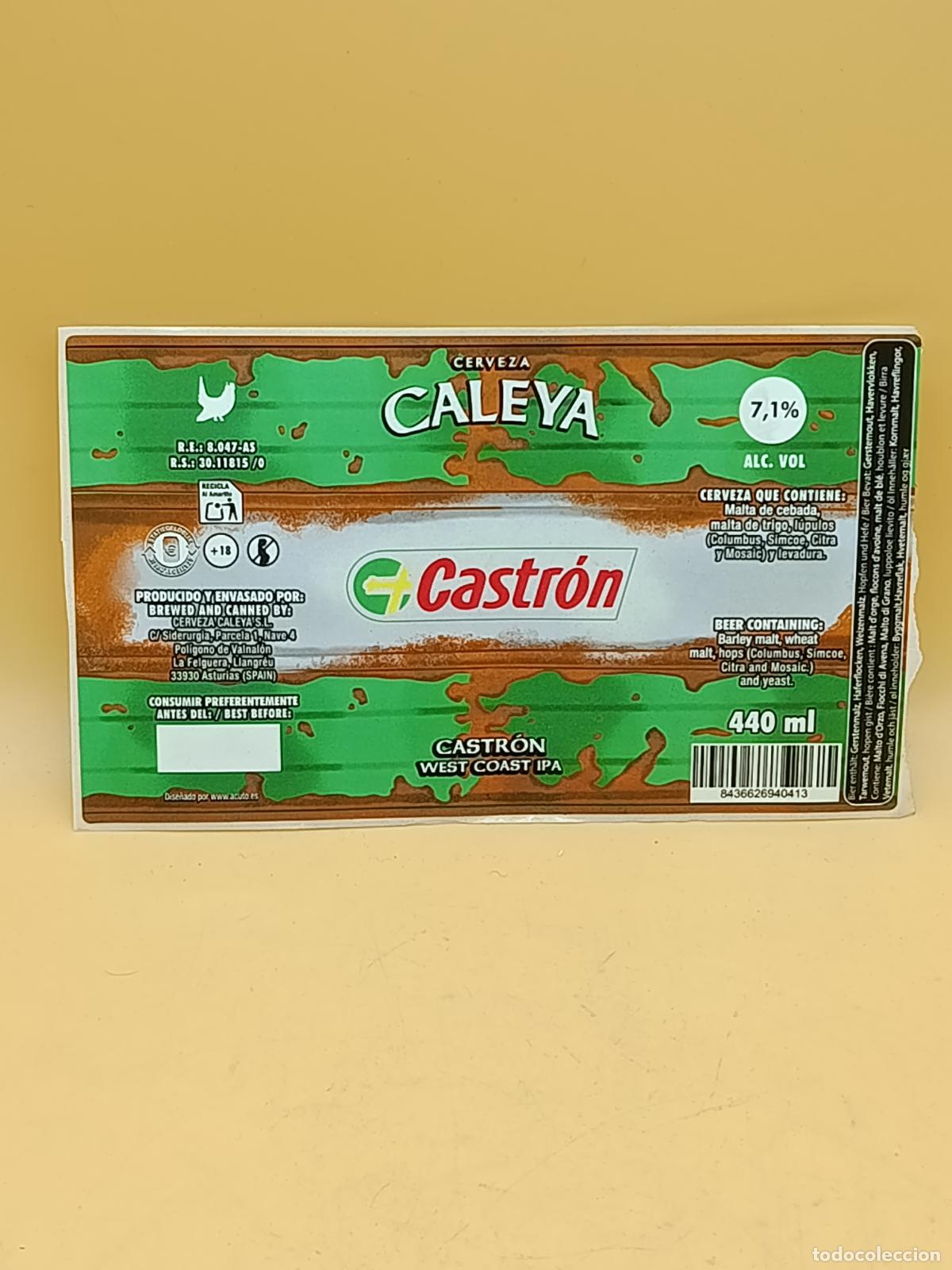 Coleccionismo de cervezas: ETIQUETA CALEYA. CASTRON. CERVEZA ARTESANAL ASTURIANA. SIN PEGAR. 19CM X 11CM APROXIMADAMENTE.