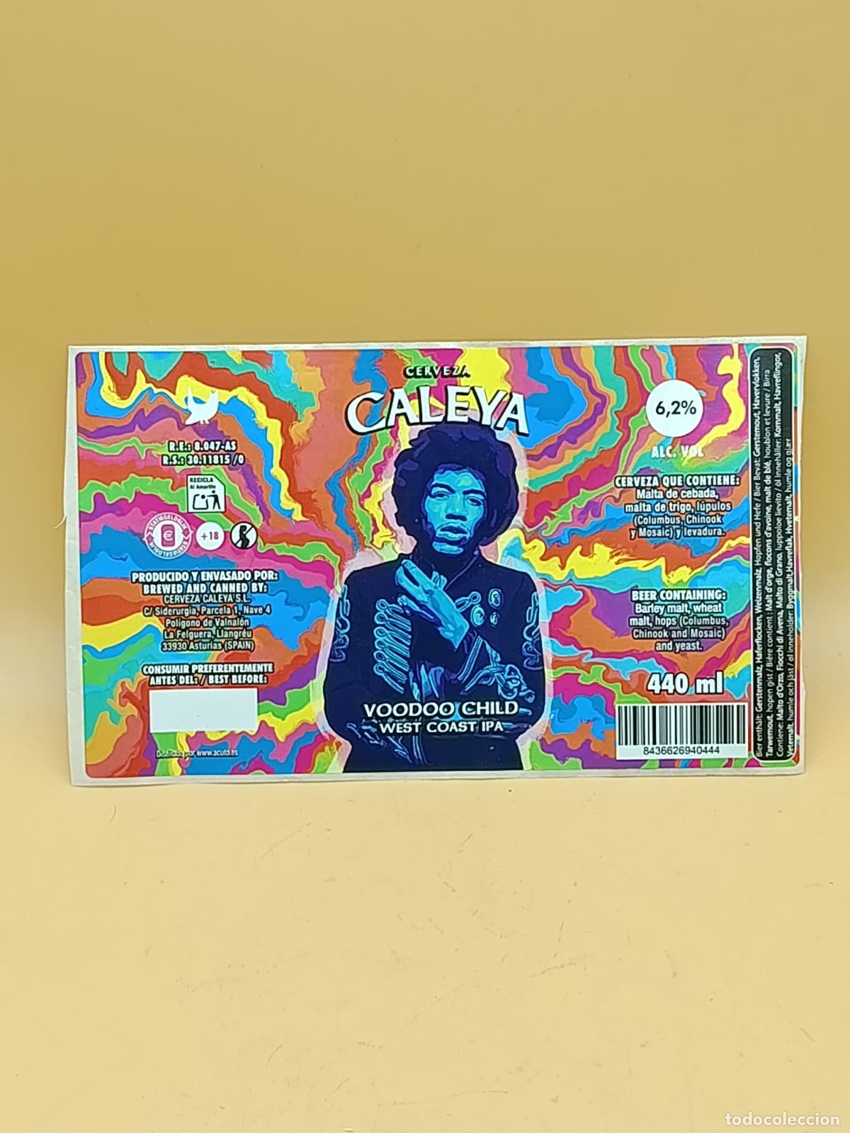 Coleccionismo de cervezas: ETIQUETA CALEYA. JIMI HENDRIX. CERVEZA ARTESANAL ASTURIANA. SIN PEGAR. 19CM X 11CM APROXIMADAMENTE.