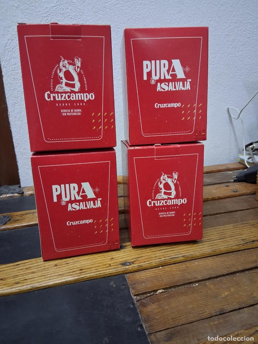 Coleccionismo de cervezas: 4 Cajas con vasos de cristal cerveza Cruzcampo PURA ASALVAJA a&ntilde;o 1904 2024 vaso