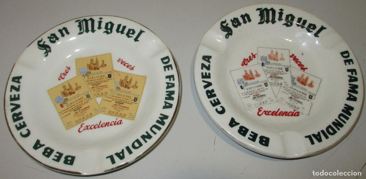 Coleccionismo de cervezas: 2 Antiguos ceniceros SAN MIGUEL BEBA CERVEZA DE FAMA MUNDIAL serigrafiados
