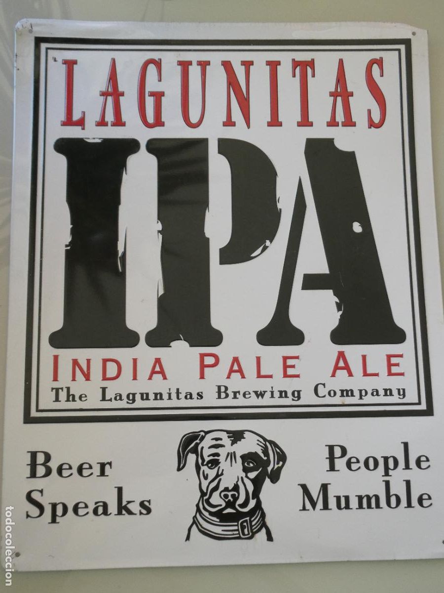 Colecionismo de cervejas: CHAPA CARTEL MET&Aacute;LICO PUBLICIDAD CERVEZA LAGUNITAS IPA INDIA PALE ALE. PERRO. 42X33CM. 430GR