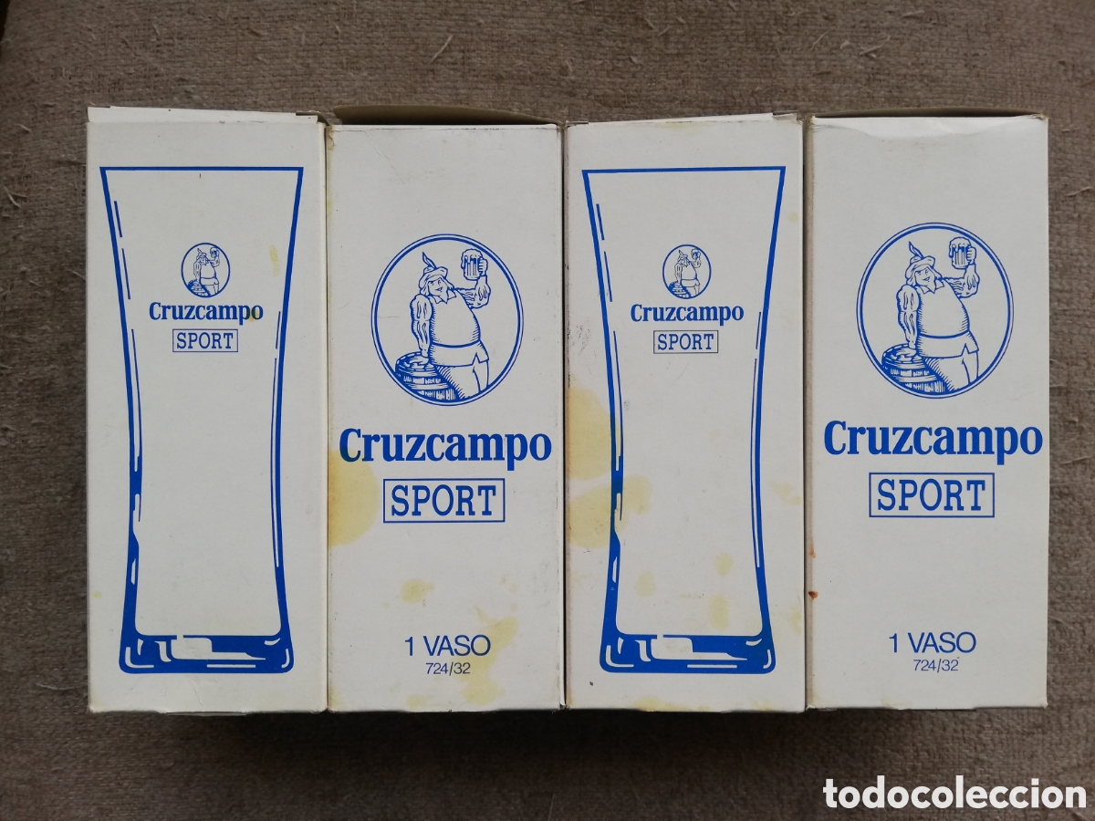 Coleccionismo de cervezas: Lote 4 vasos de cerveza Cruzcampo Sport con sus cajas para guardarlos. A&ntilde;os 80-90
