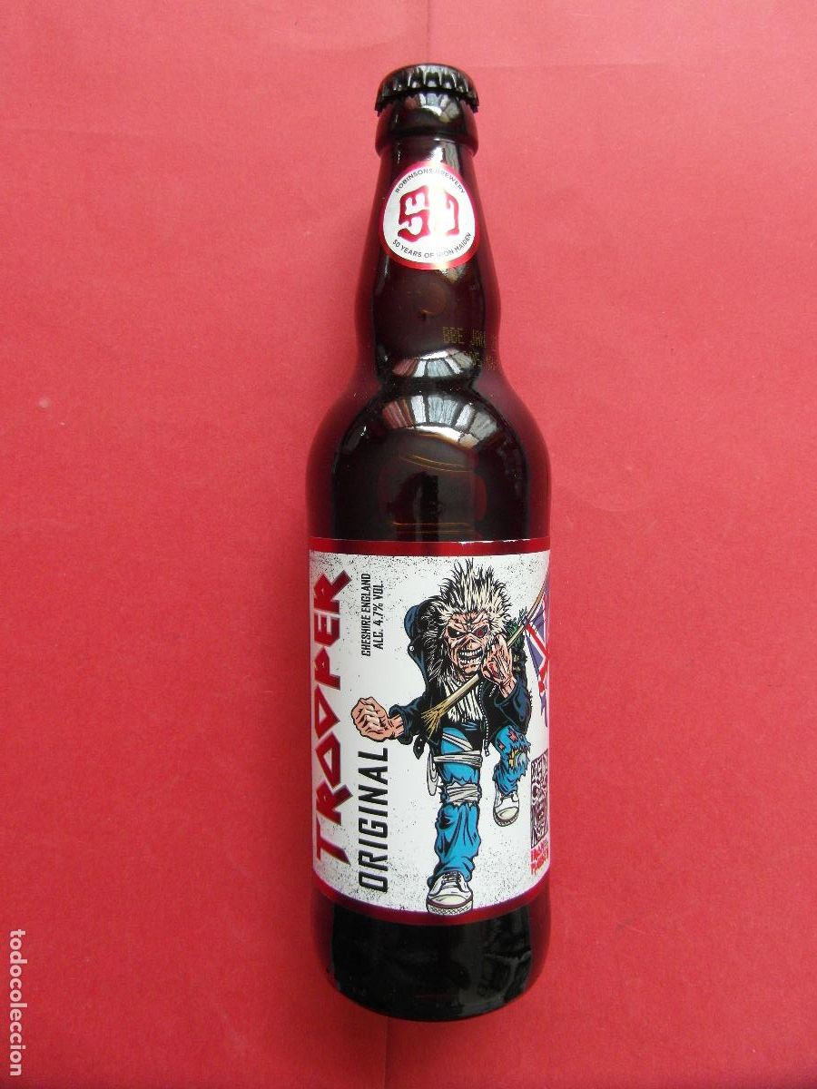 Coleccionismo de cervezas: IRON MAIDEN CERVEZA TROOPER 1 BOTELLA 50 aniversario 500 ML - ROCK HEAVY METAL HARD METALLICA ACDC R