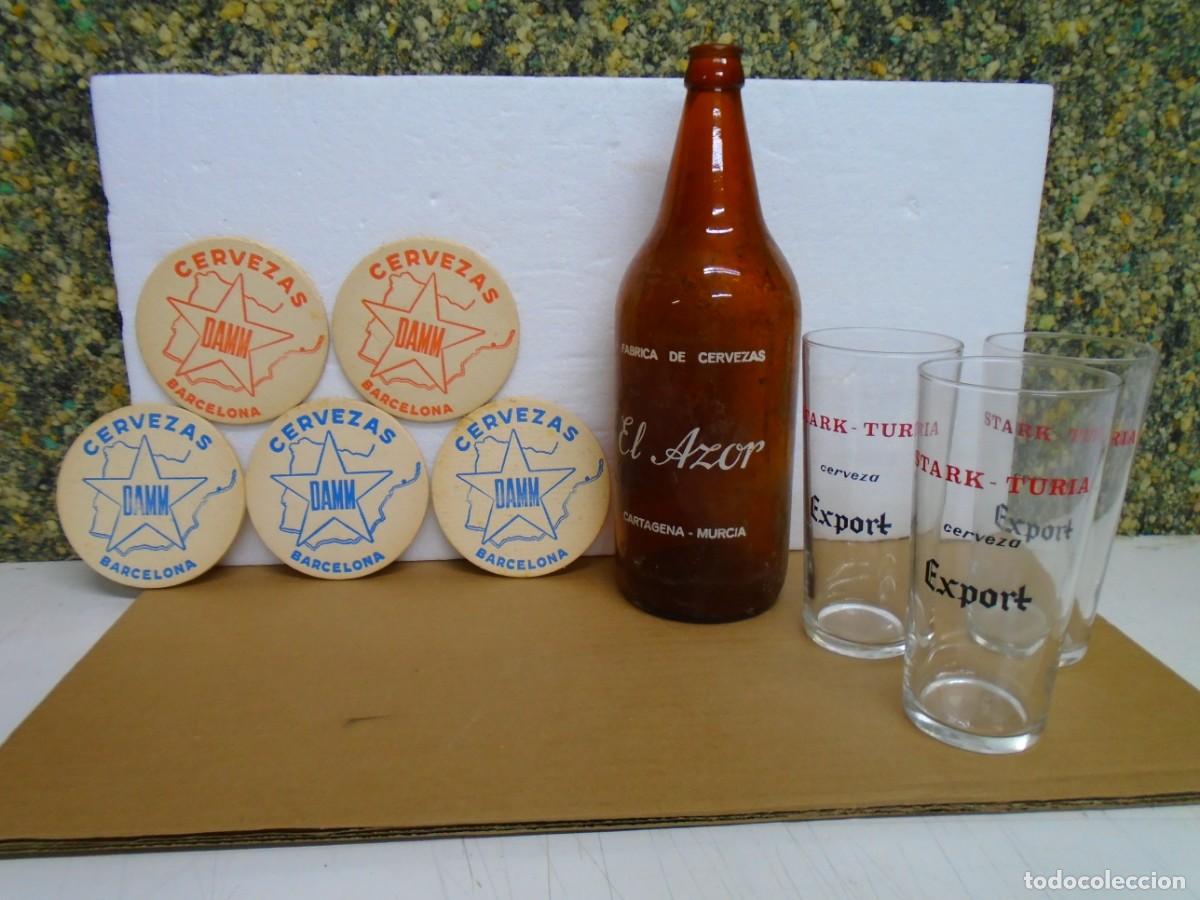 Coleccionismo de cervezas: VINTAGE LOTE DE CERVEZAS&rdquo;EL AZOR&rdquo;(BOTELLA)- &rdquo;DAMM&rdquo;(5 POSAVASOS)-&rdquo;STARK TURIA&rdquo;(3 VASOS&rdquo;