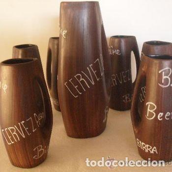 Collezionismo di birre: Juego Cerveza Ceramica Mid-Century Jarra Vasos Textura Madera Poliglota Vintage 1960 PEIFER