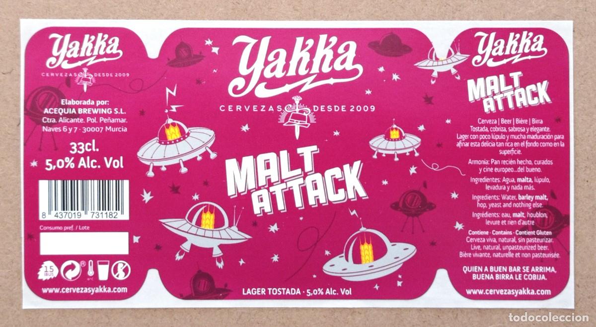 Coleccionismo de cervezas: ETIQUETA NUEVA DE CERVEZA MALT ATTACK ''LAGER TOSTADA'' DE YAKKA (ESPA&Ntilde;A)